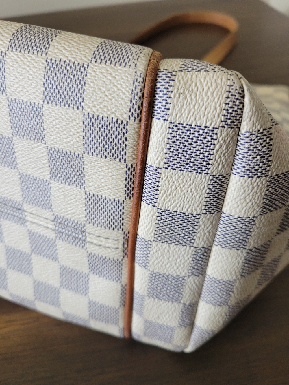 Louis Vuitton Gray & White Checkered Canvas Tote with Tan Leather Trim - Picture 9 of 15